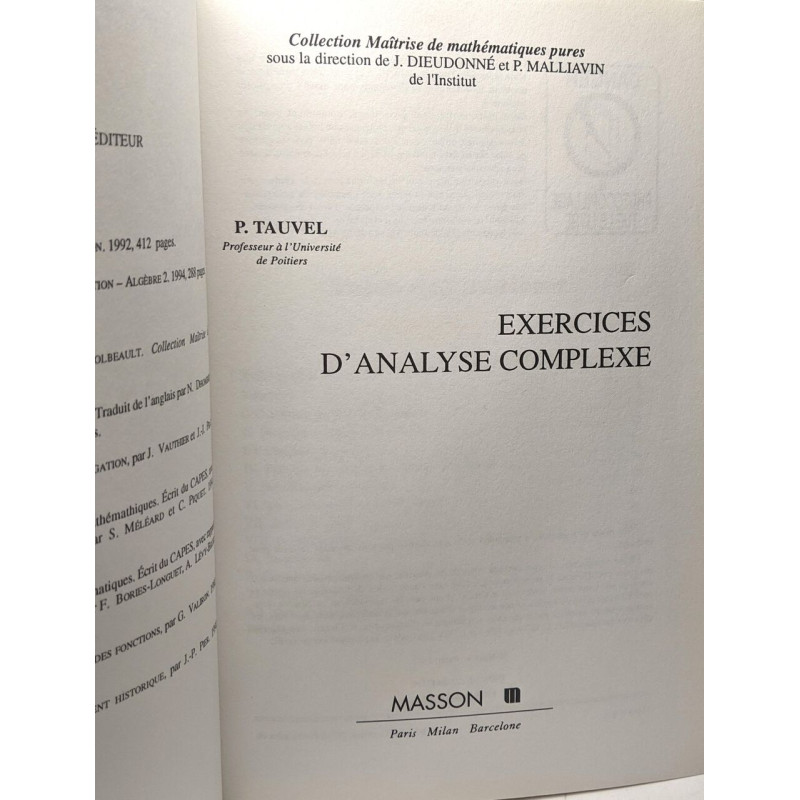 Exercices d'analyse complexe - Tauvel Patrice | Créalivres