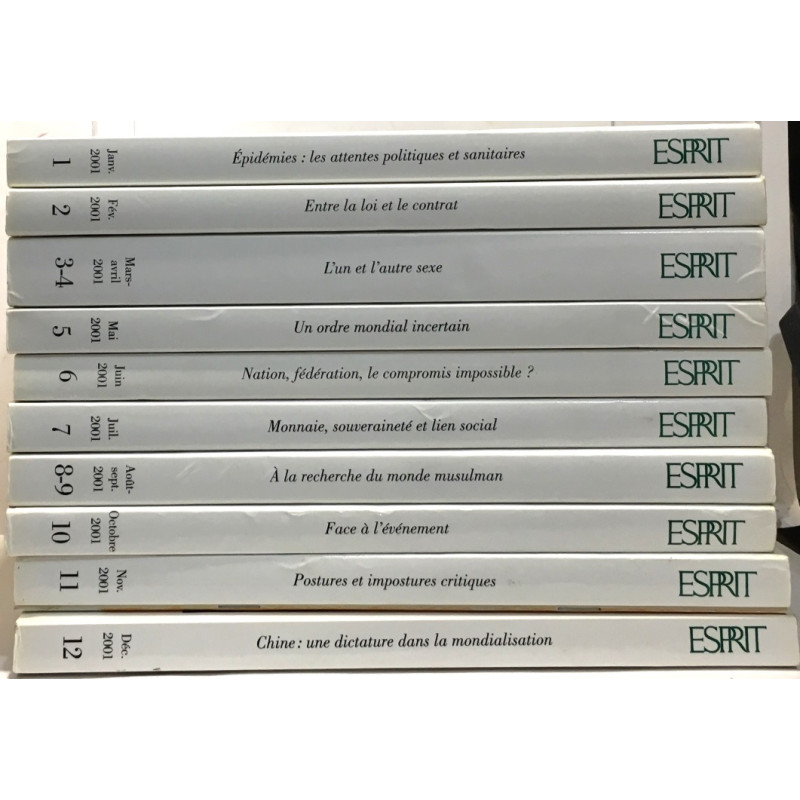 Revue Esprit - année 2001 complètes n°1 à 12 en 10 volumes:...