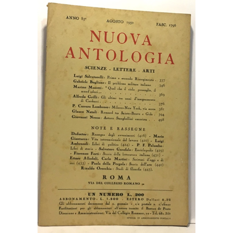 nuova antologia anno 85 agosto 1950 fasc. 1796 - scienze lettere arti