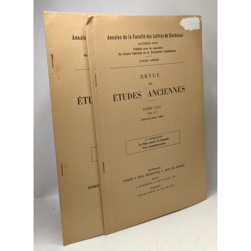 Revue des études anciennes - TOME LXII n°1-2 Janvier-Juin 1960 +...