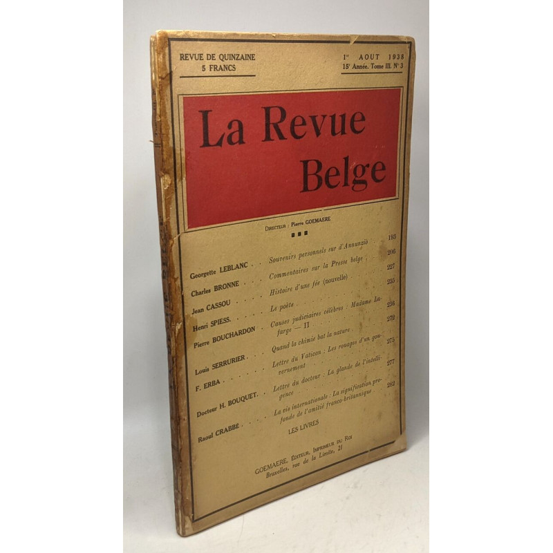 La Revue Belge - 1er Août 1938 - 15 année TOME III n°3