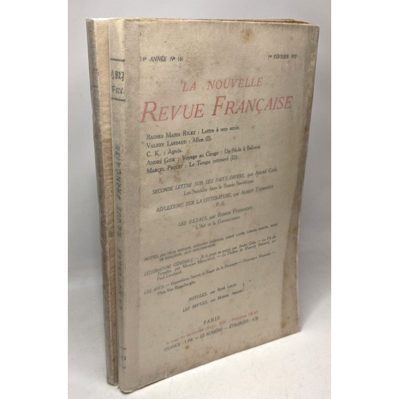 La Nouvelle Revue Française - N°161 Fev. + N°168 Sept. annnée 1927