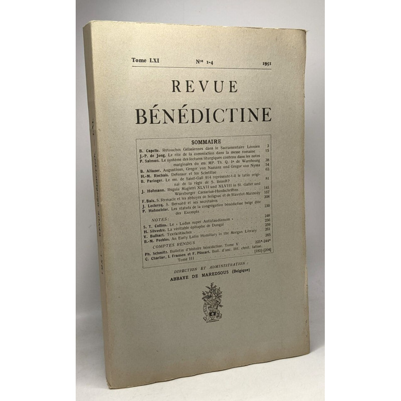 Revue bénidictine - TOME LXI N° 1-4 1951