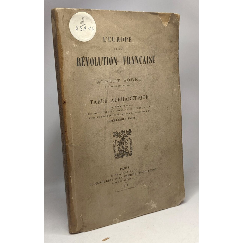 L'Europe et la révolution française - TABLE ALPHABETIQUE - des...
