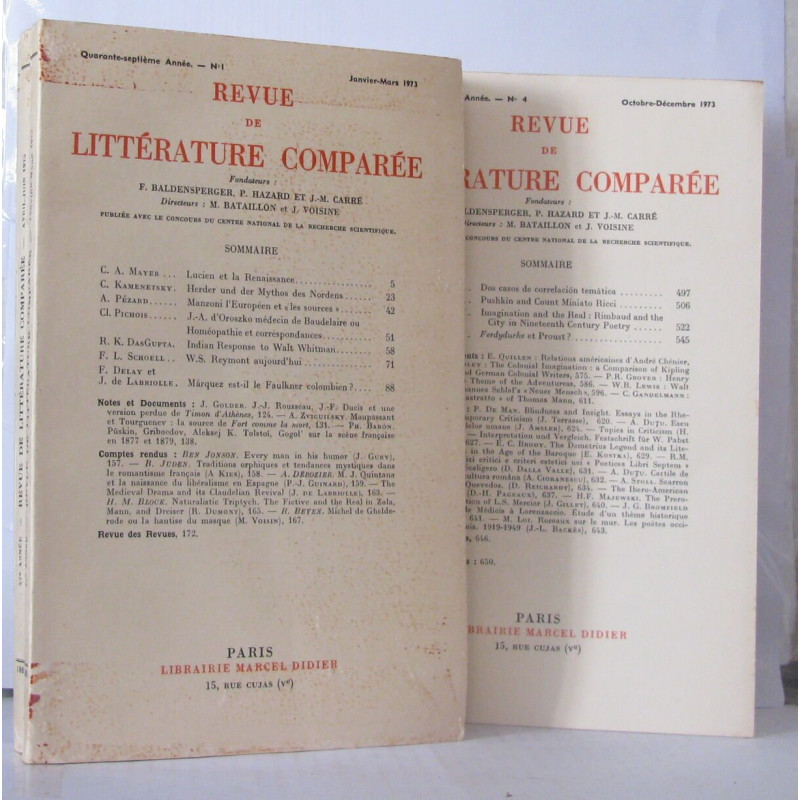Revue de la littérature comparée Année 1973 Numéros 1 à 4
