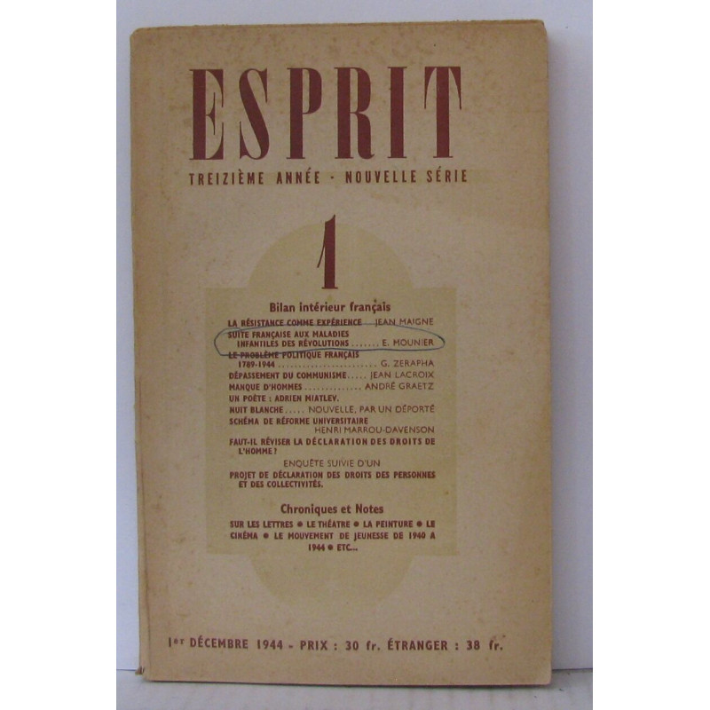 Esprit Nouvelle série decembre 1944 N°1 Bilan intérieur Français