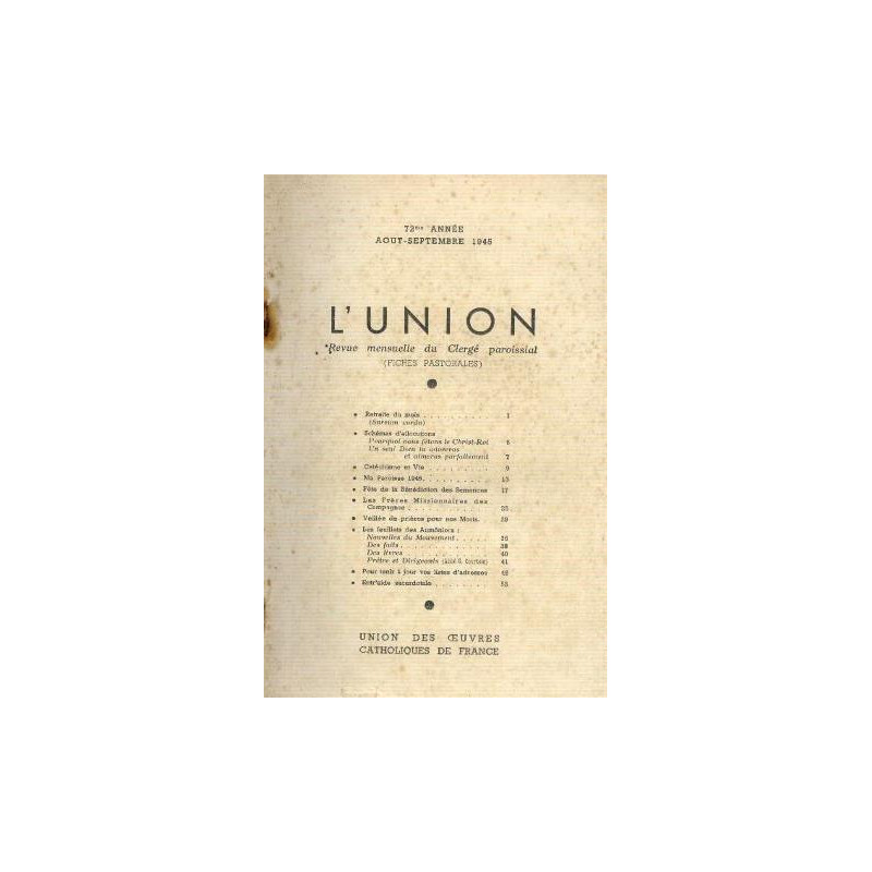 L'union revue mensuelle du clergé paroissial 72me année aout septembre