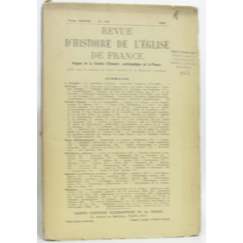 Revue d'histoire de l'église de France Tome XXXVIII n°131 1952