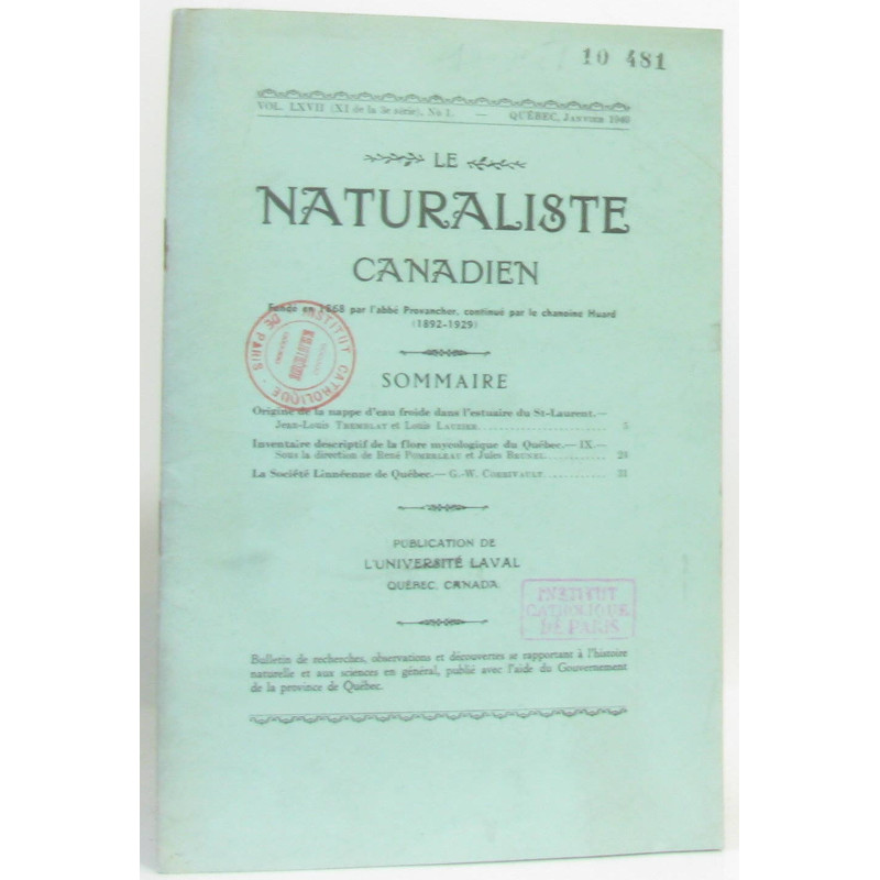 Le naturaliste canadien Vol LXVII (XI de la 3e série) N°1 Québec...