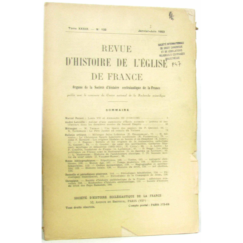 Revue d'histoire de l'église de France Tome XXXIX n°132...