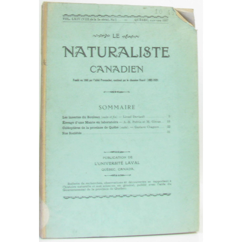 Le naturaliste canadien Vol LXIV (VIII de la 3e série) N°1 Québec...